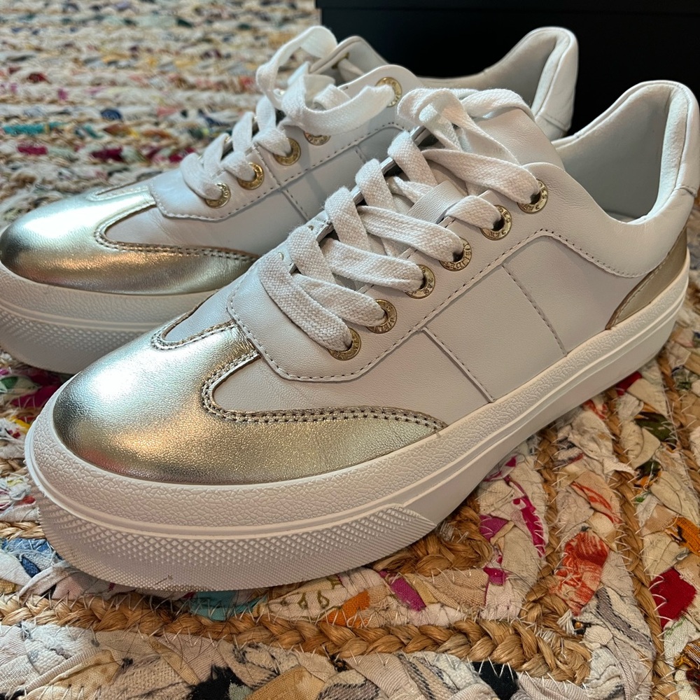 J Slides White and Gold Sneakers